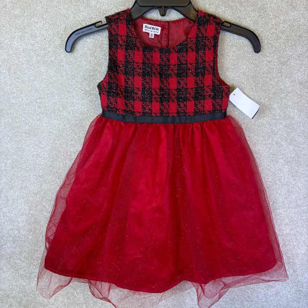 Blueberi Boulevard Dress Girls 6 Red Plaid Tweed Tulle Glitter Holiday NWOT